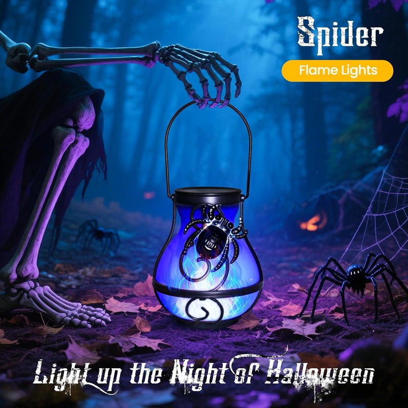 X-PREK 2 Pack Halloween Lights Outdoor Spider Hanging Solar Lantern Flickering Flame Lights Garden Patio Porch Halloween Party Decoration - Image 2